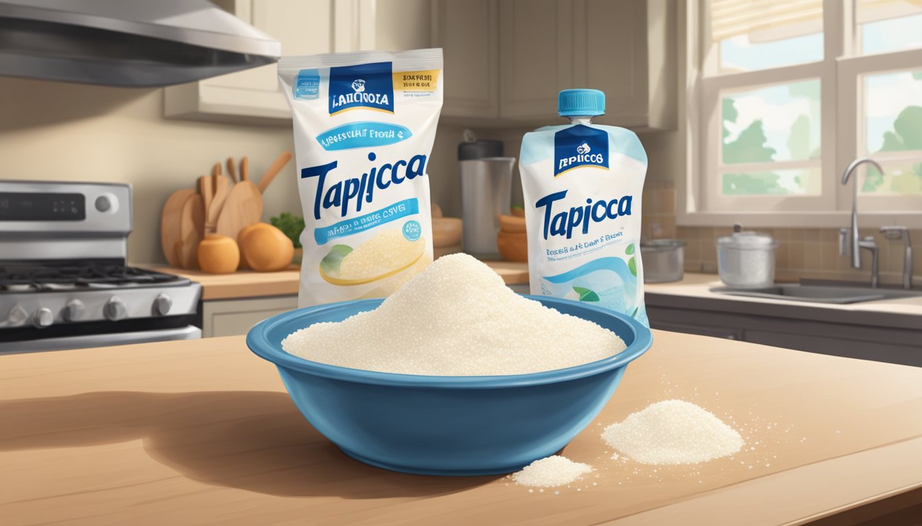 A bag of tapioca starch sits on a kitchen counter, its expiration date clearly marked. A bowl of tapioca pudding is being thrown into the trash