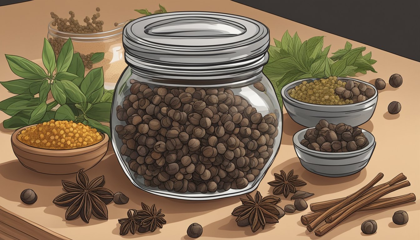 A small pile of Szechuan peppercorns sits in a glass jar on a kitchen countertop, surrounded by other spices and herbs