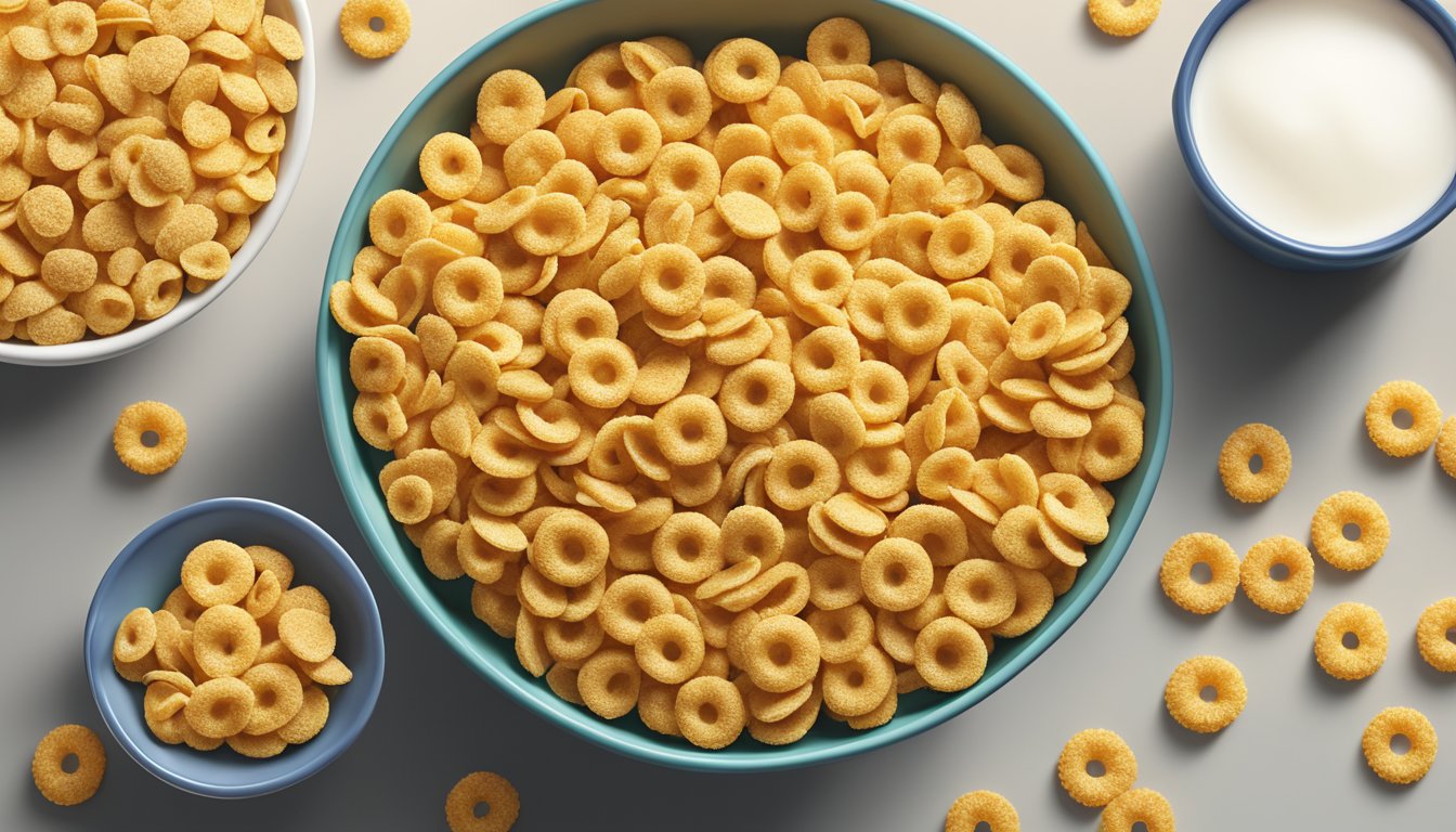 A bowl of Cheerios and a bowl of corn flakes sit side by side, with milk being poured over them, showcasing the difference in texture and taste