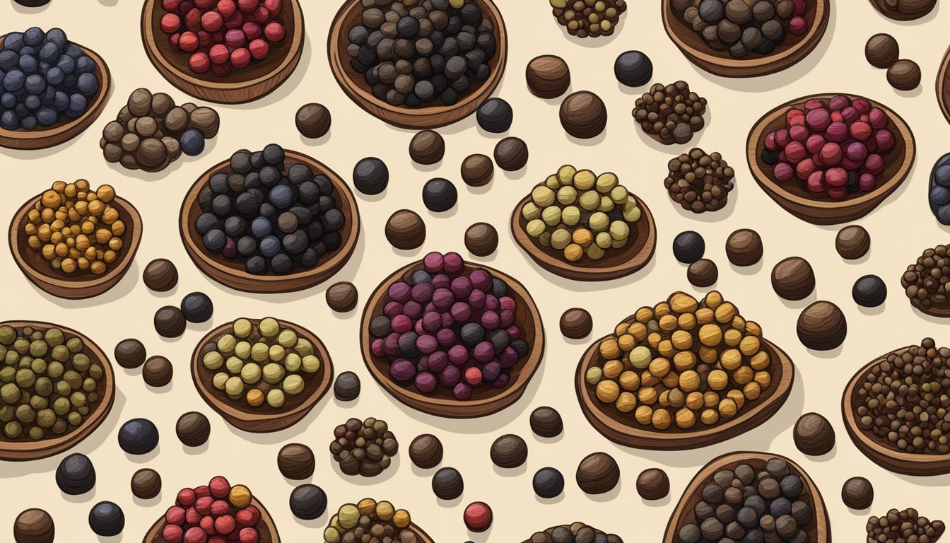 A variety of Szechuan peppercorns in different colors and sizes, arranged on a wooden cutting board