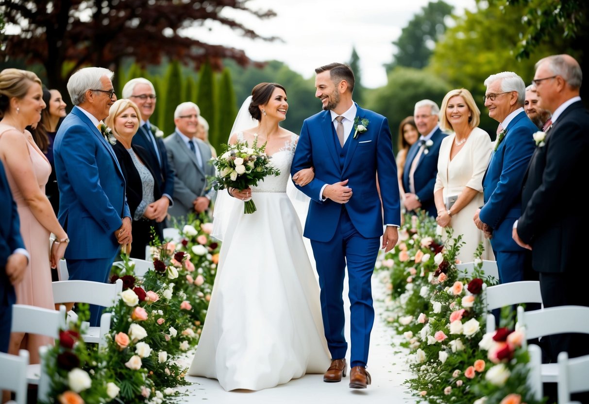 A bride and groom walk down a flower-lined aisle, surrounded by friends and family, smiling and looking at each other with love and excitement