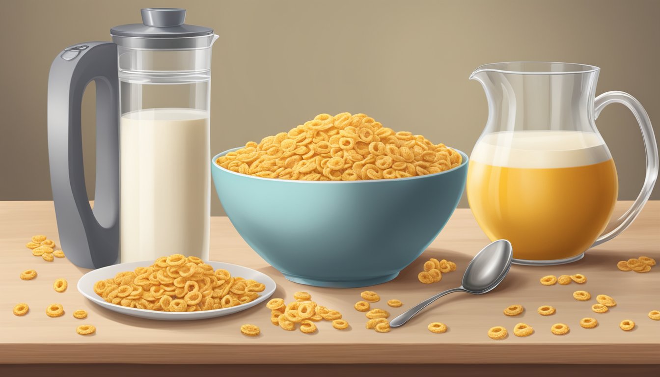 A bowl of Cheerios and a bowl of Corn Flakes sit side by side on a breakfast table, surrounded by a pitcher of milk and a spoon