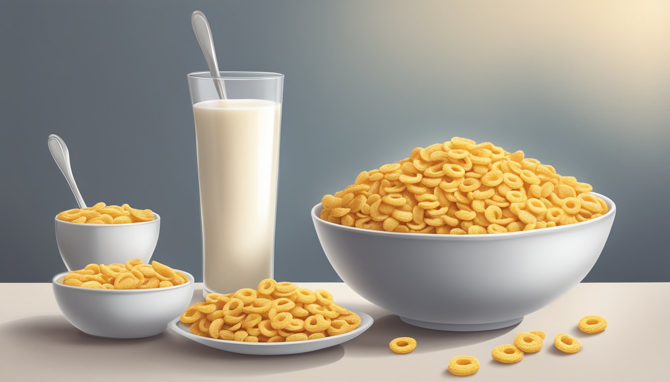 A bowl of Cheerios and a bowl of corn flakes side by side on a breakfast table, with a glass of milk and a spoon next to each