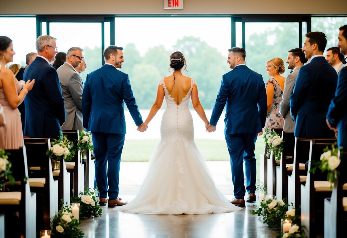 A bride and groom stand at the entrance of the ceremony space, facing each other with smiles, ready to walk down the aisle together