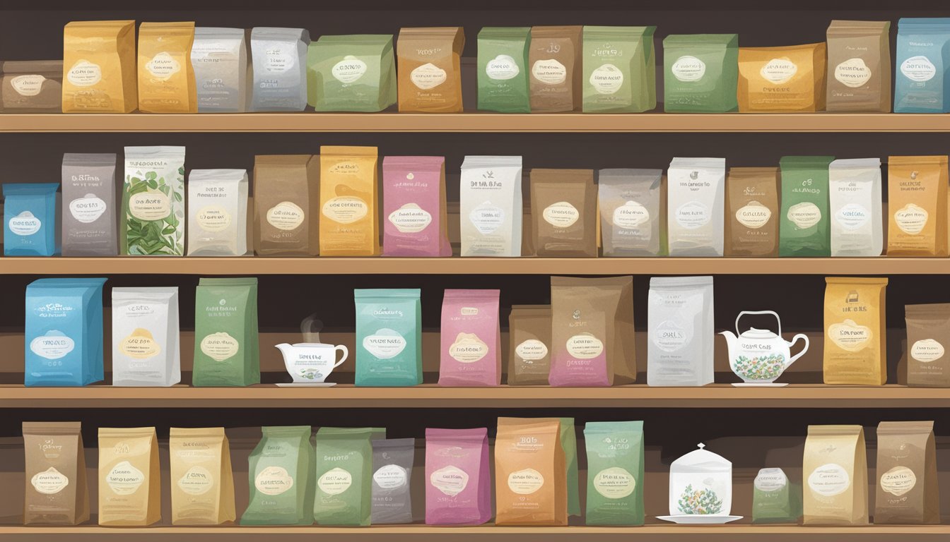 Various types of tea bags arranged on a shelf, with labels indicating different expiration dates