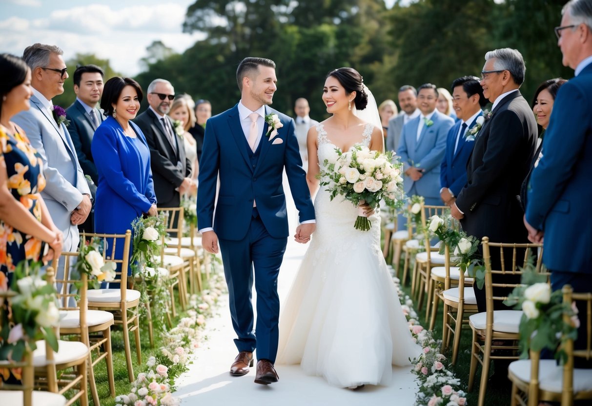 A bride and groom walk side by side down a flower-lined aisle, surrounded by family and friends from different cultural backgrounds