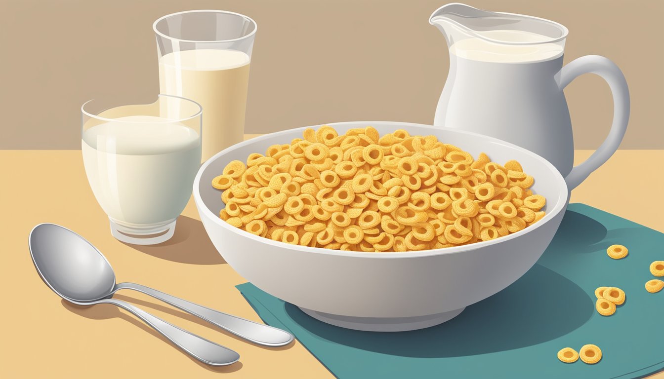 A bowl of Cheerios and a bowl of corn flakes sit side by side on a breakfast table, surrounded by a pitcher of milk and a spoon