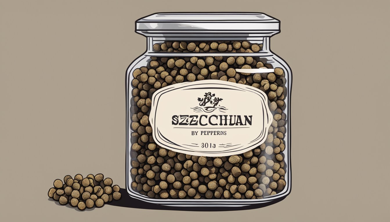 Szechuan peppercorns in a sealed container, with a "best by" date visible