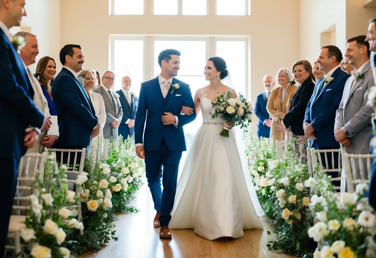 A bride and groom walk side by side down a flower-lined aisle, surrounded by smiling guests and the soft glow of sunlight streaming through the windows