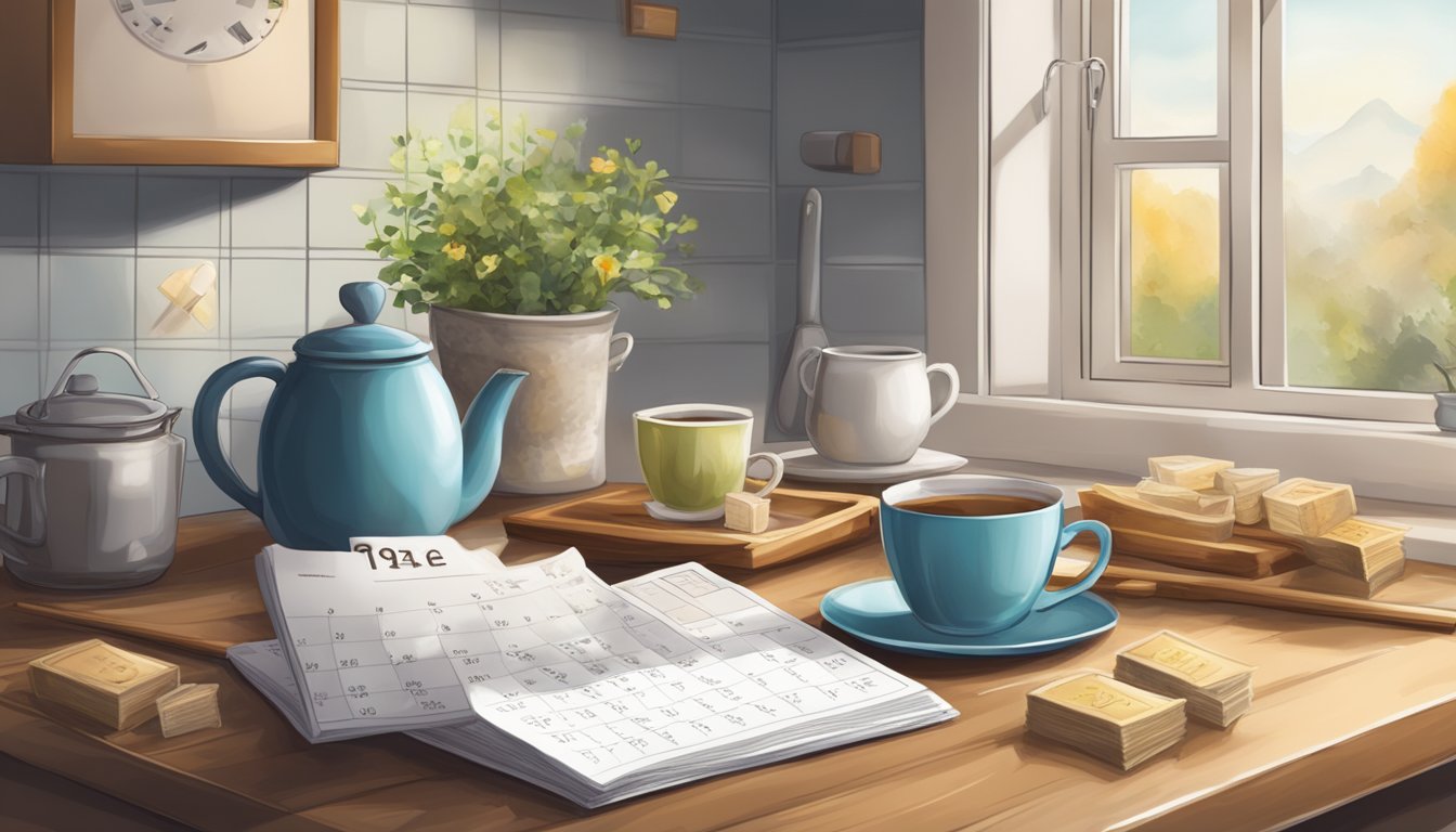 A cozy kitchen with a steaming cup of tea, a box of tea bags, and a calendar marking the date of purchase