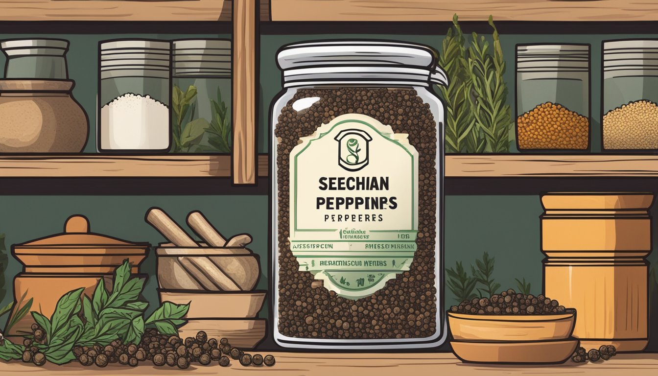 A small jar of Szechuan peppercorns sits on a shelf, surrounded by other spices and herbs. The label on the jar indicates the expiration date, while the peppercorns inside appear fresh and aromatic