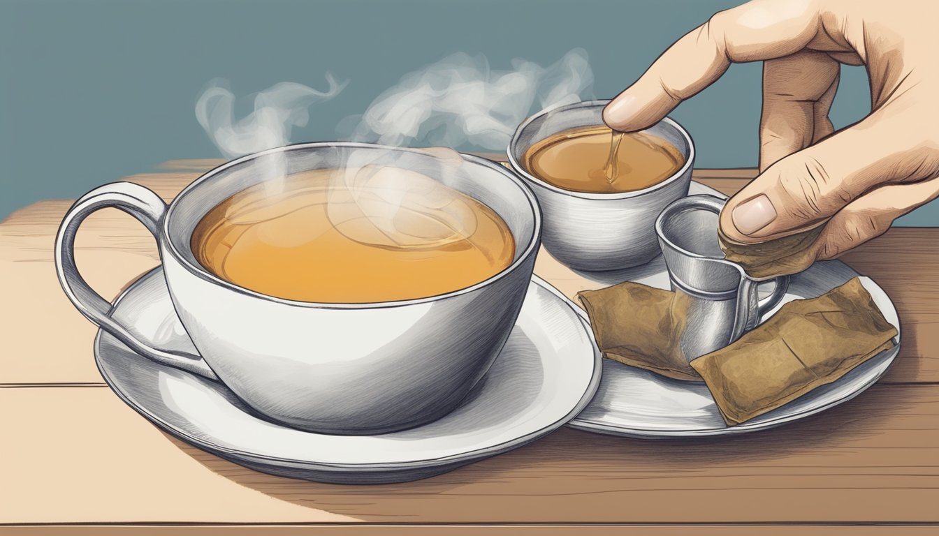 A hand reaches for a used tea bag resting on a saucer, next to a steaming cup of tea