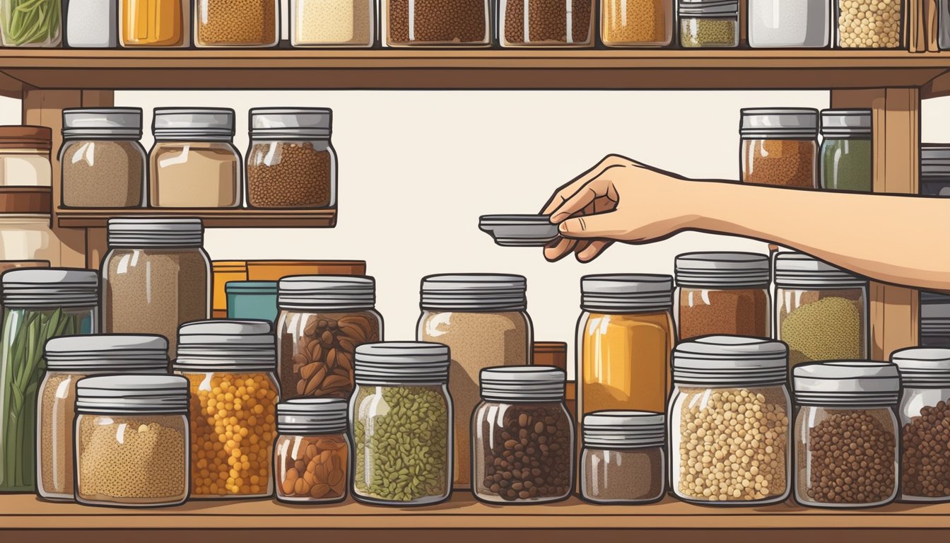 A hand reaching for a jar of Szechuan peppercorns on a shelf, surrounded by various spices and herbs in a well-lit, organized kitchen pantry