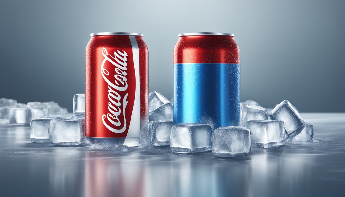 Two soda cans, one red and one blue, sit side by side on a white table, surrounded by ice cubes and condensation