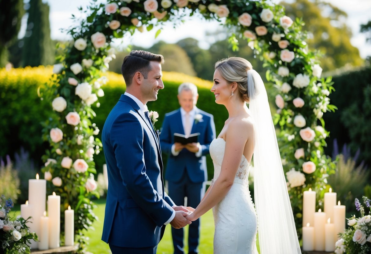 A bride and groom stand facing each other, surrounded by flowers and candles. They exchange vows under a floral archway in a picturesque garden setting