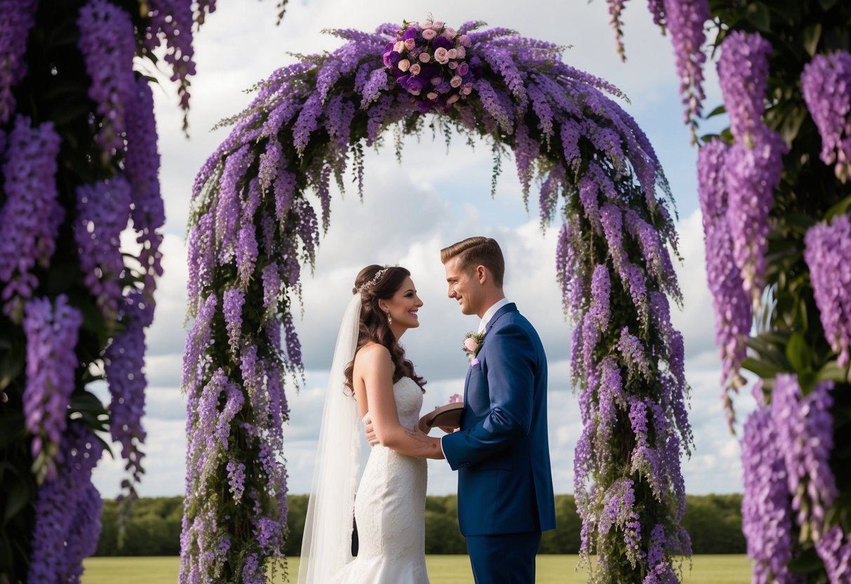 A bride and groom exchange vows under a grand arch adorned with cascading purple flowers, symbolizing royalty, luxury, and romance