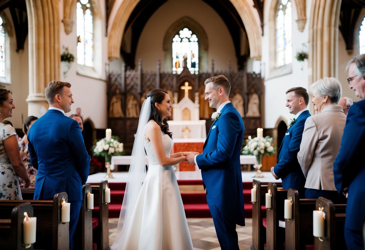 A couple standing at the altar, exchanging vows in a historic UK church