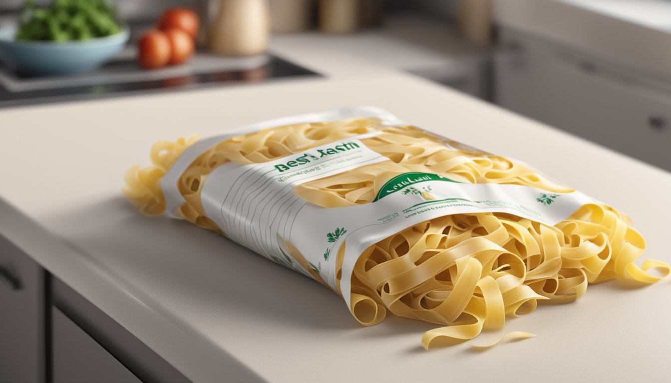 A package of tagliatelle pasta sits on a clean, well-lit kitchen counter, sealed and unopened, with a best before date clearly visible