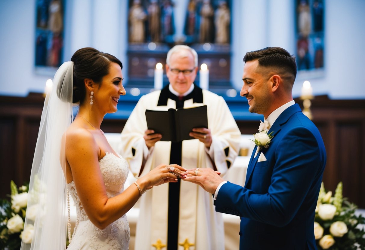 A bride and groom standing at the altar, exchanging rings and making promises to each other in front of a minister