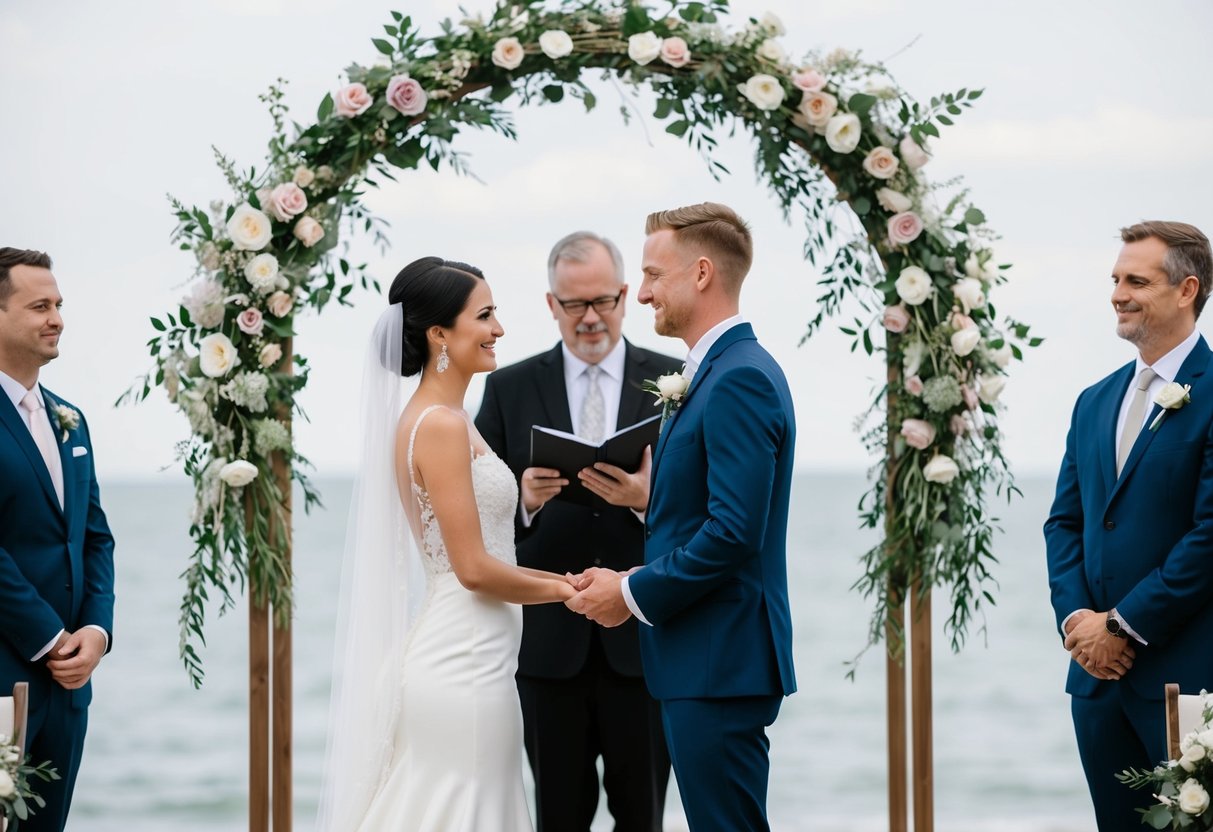 A bride and groom exchange vows under a floral arch in a modern, minimalist ceremony