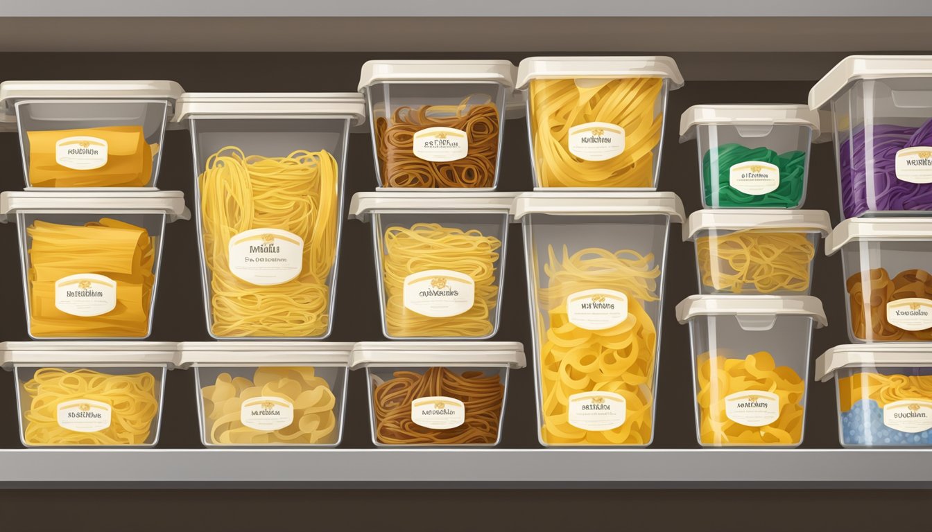 A pantry shelf with neatly organized containers of tagliatelle pasta, sealed and labeled with expiration dates