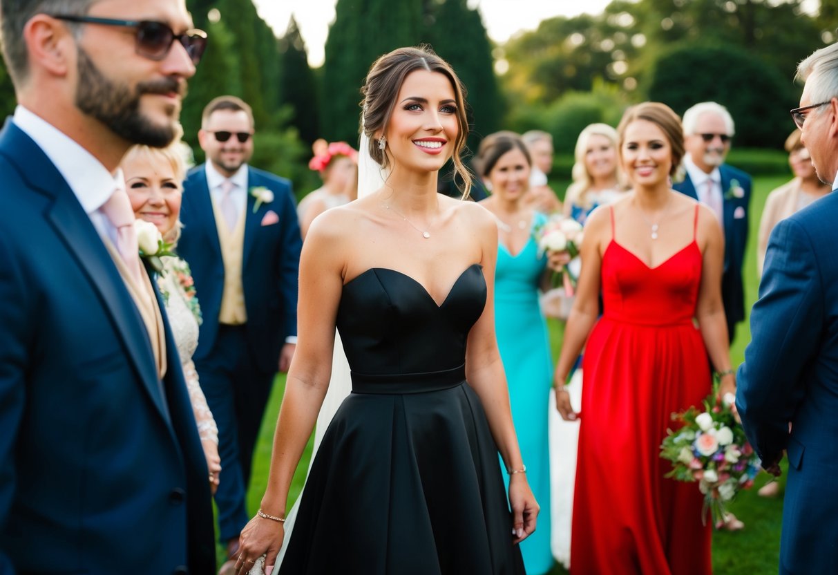 A black dress among colorful wedding guests