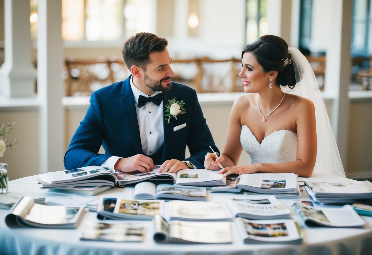 A couple sits at a table covered in wedding magazines and notes, discussing the details of their vow exchange ceremony