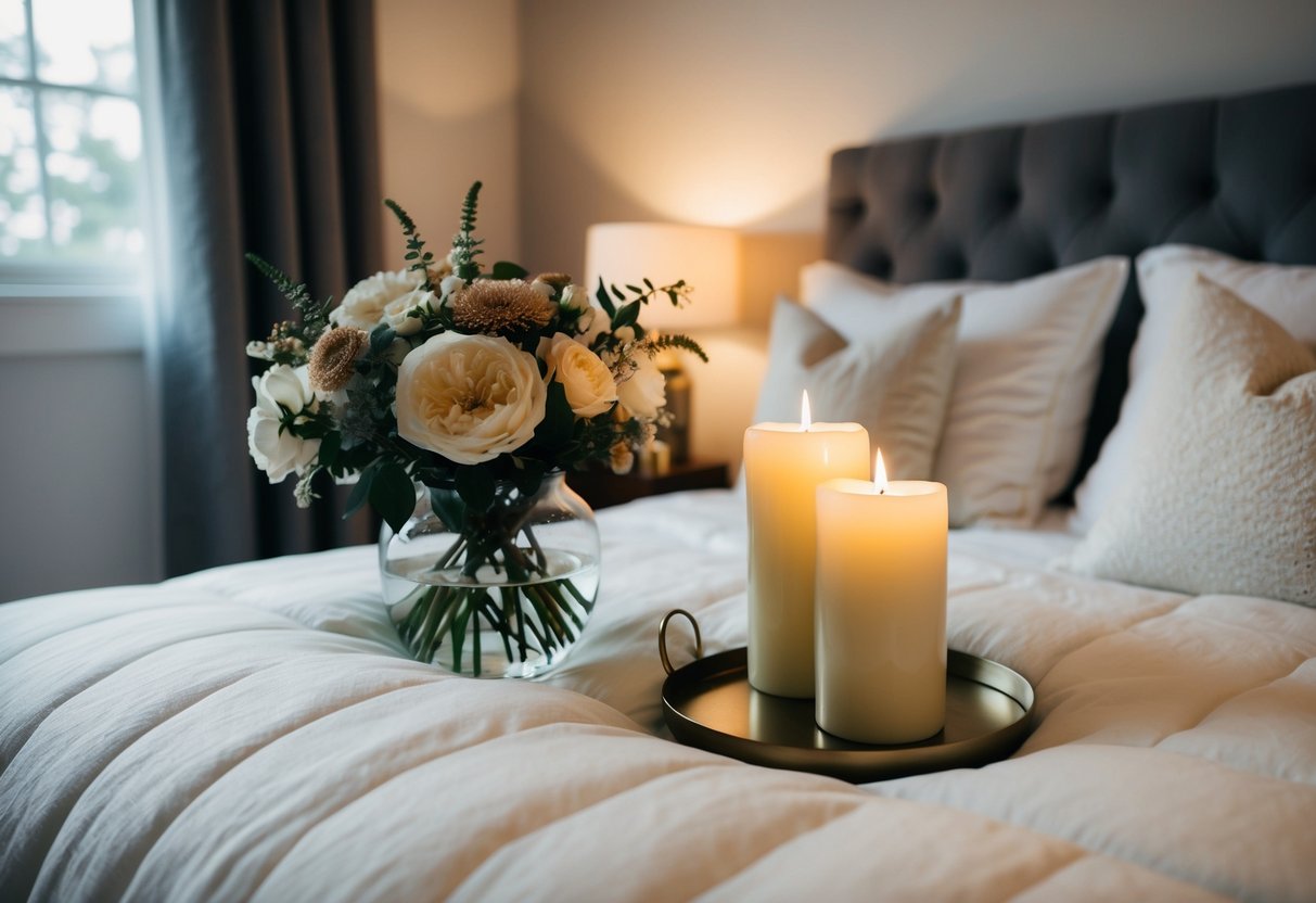A cozy, candlelit bedroom with a plush, white comforter and a bouquet of fresh flowers on the nightstand