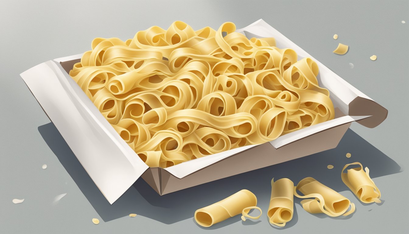 A package of tagliatelle pasta sits open on a kitchen counter, with a faint musty odor and small patches of mold forming on the surface