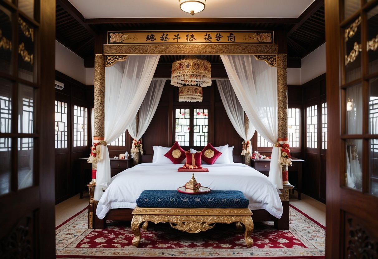 A traditional bridal chamber adorned with symbolic decorations and furnishings, reflecting the cultural significance of spending the night apart before a wedding