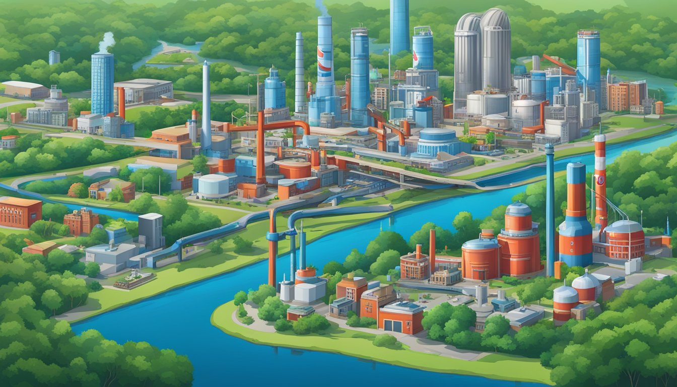 A city skyline with Pepsi and Coke factories surrounded by lush greenery and clean waterways