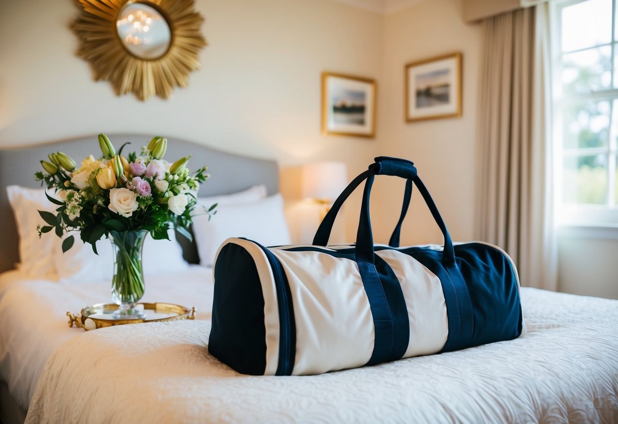 The bride's overnight bag sits on a cozy bed in a sunlit room, surrounded by elegant decor and a vase of fresh flowers