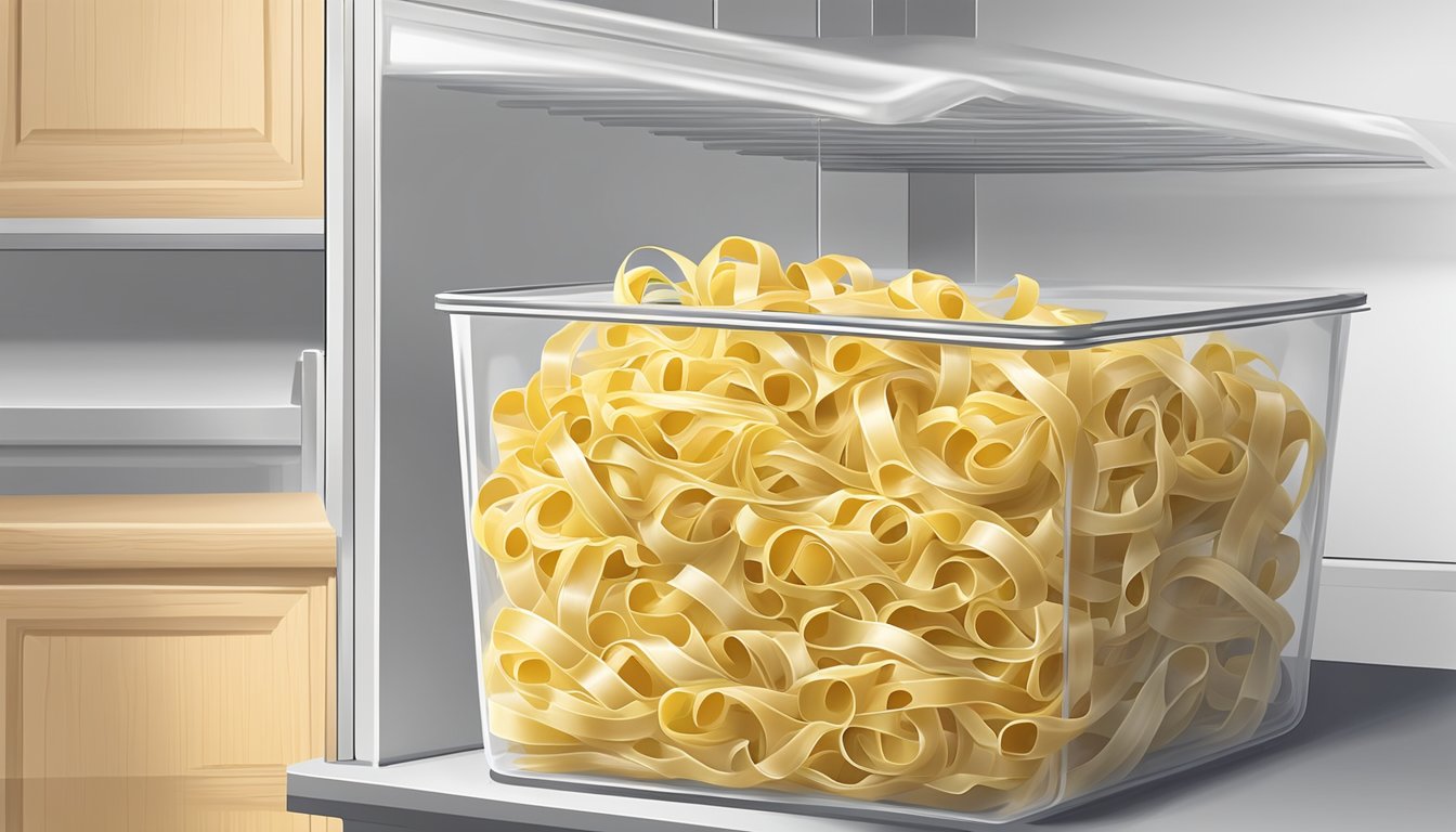 Fresh tagliatelle pasta in a sealed package, stored in a cool, dry pantry