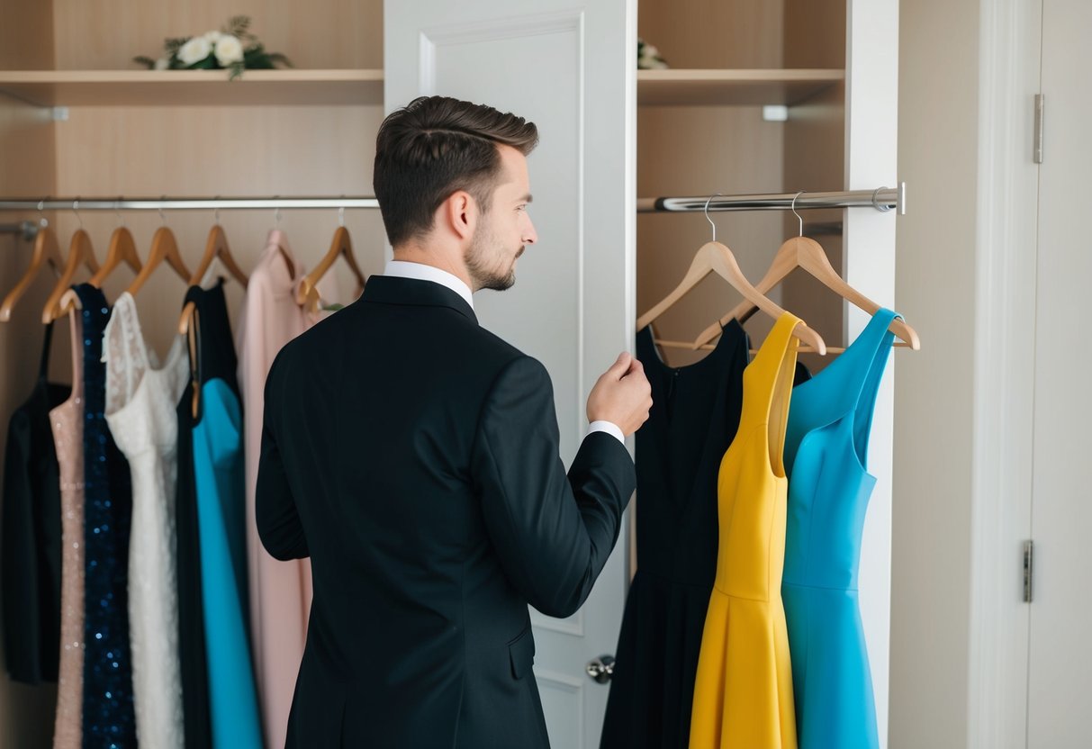 A wedding guest standing in front of a closet, contemplating between a black and a colorful outfit