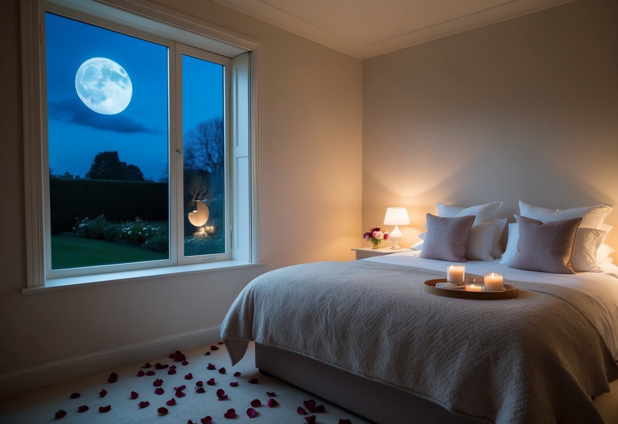 A serene bedroom with a cozy bed, soft lighting, and scattered rose petals. A window overlooks a moonlit garden