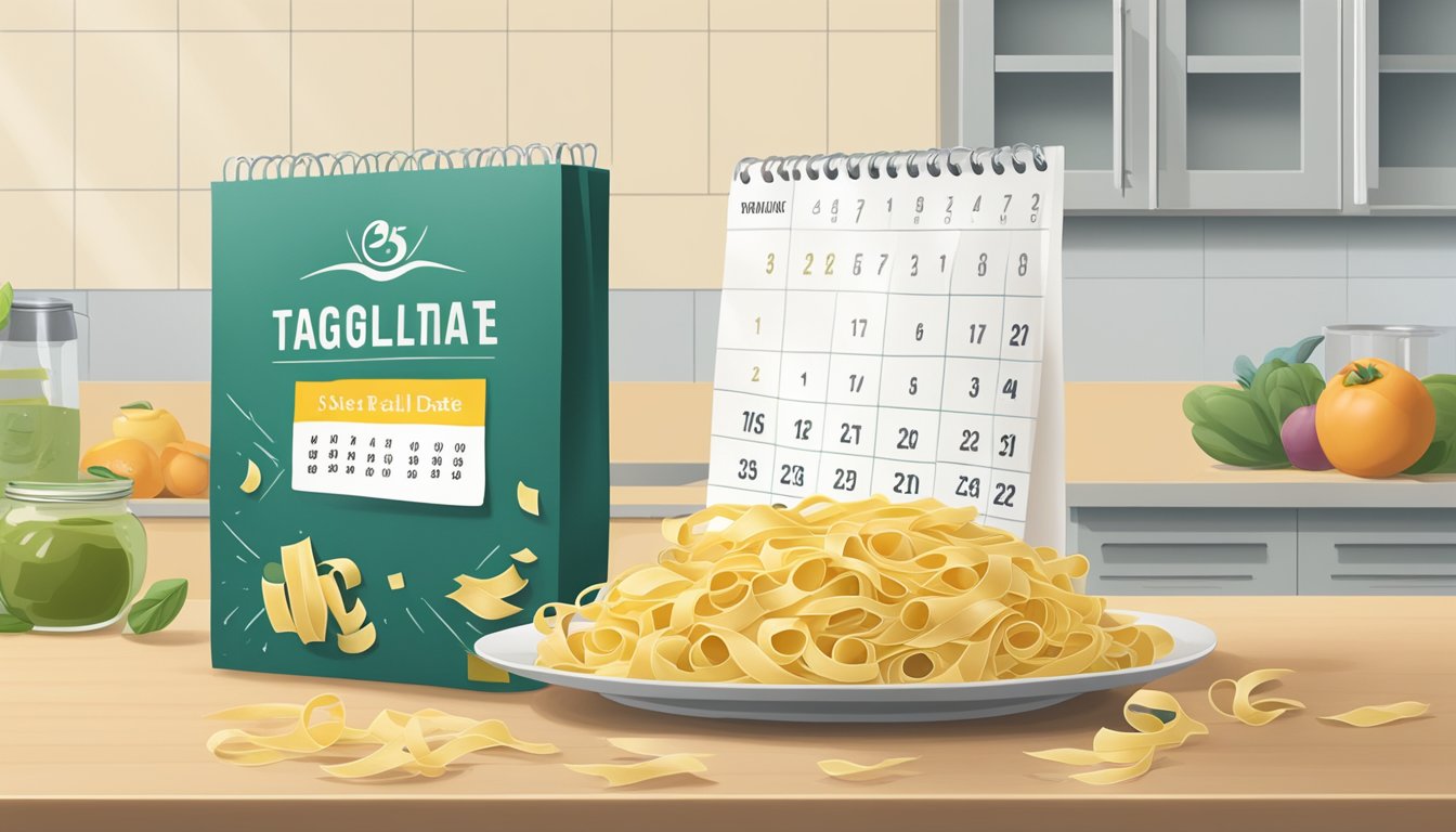 A package of tagliatelle pasta sits on a kitchen counter next to a calendar showing the current date, indicating the need to check the expiration date