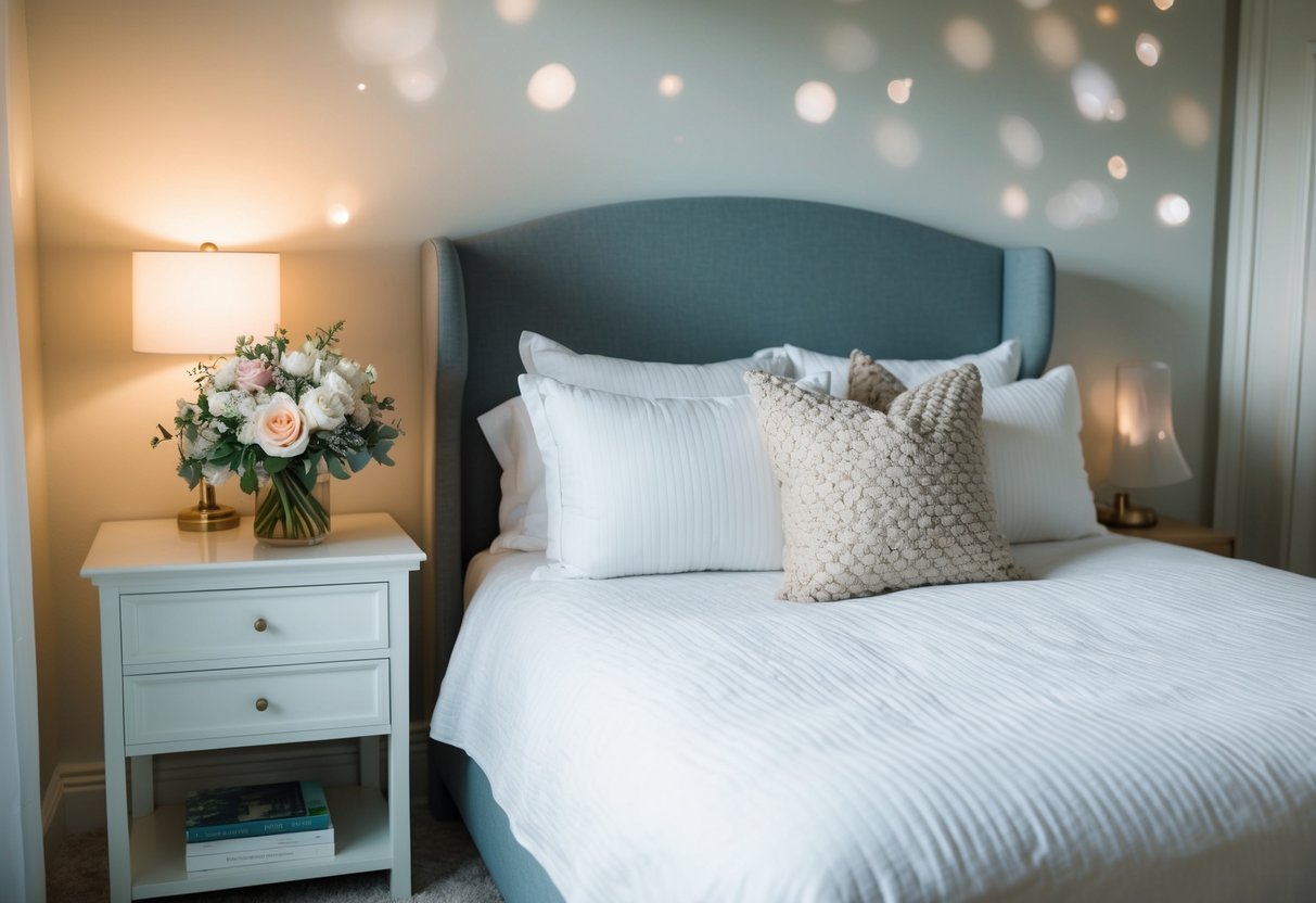 A cozy bedroom with a neatly made bed, soft lighting, and a bouquet of flowers on the nightstand