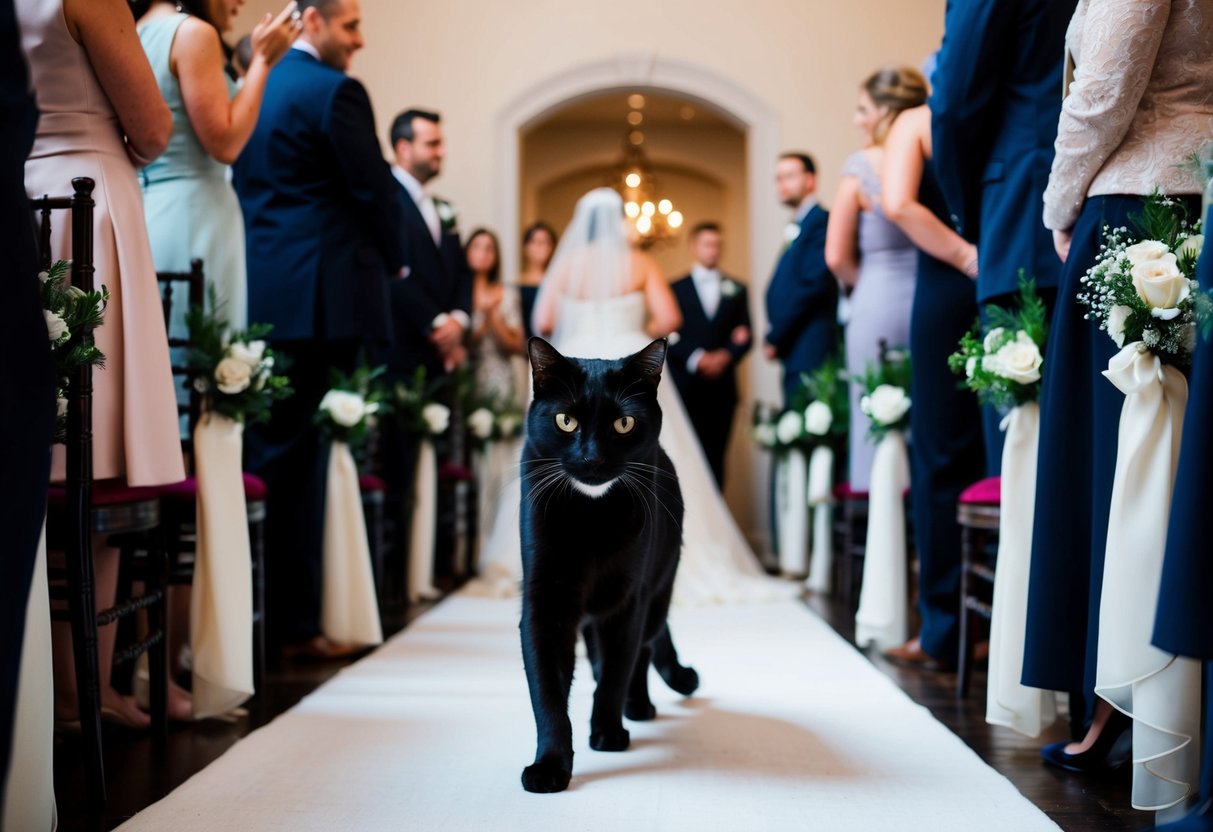 A black cat crosses the aisle as the bride walks down, causing the guests to whisper and exchange nervous glances