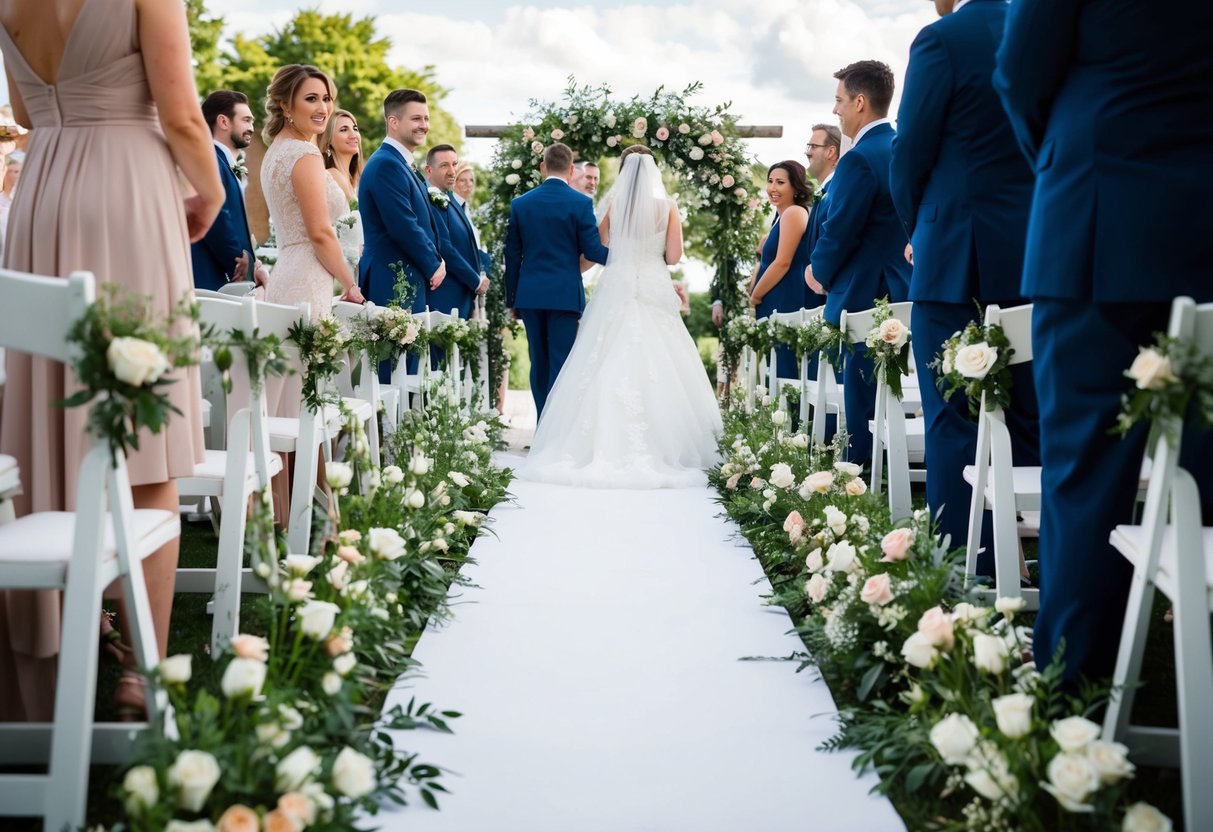 A bride walks down a flower-lined aisle towards a waiting groom. The setting is filled with anticipation and joy