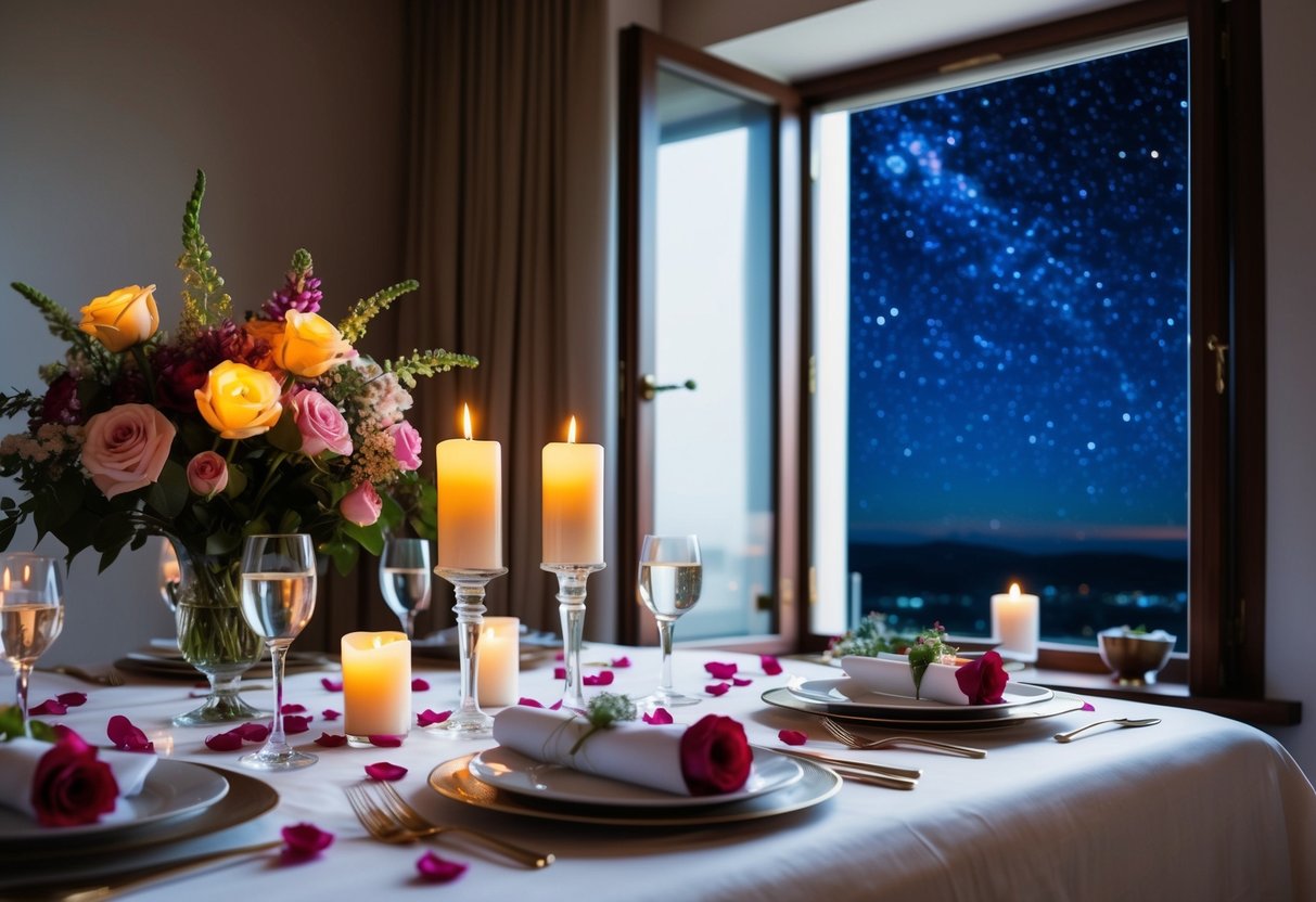A table set with candles and flowers, a bed with rose petals, and a starry night sky visible through an open window