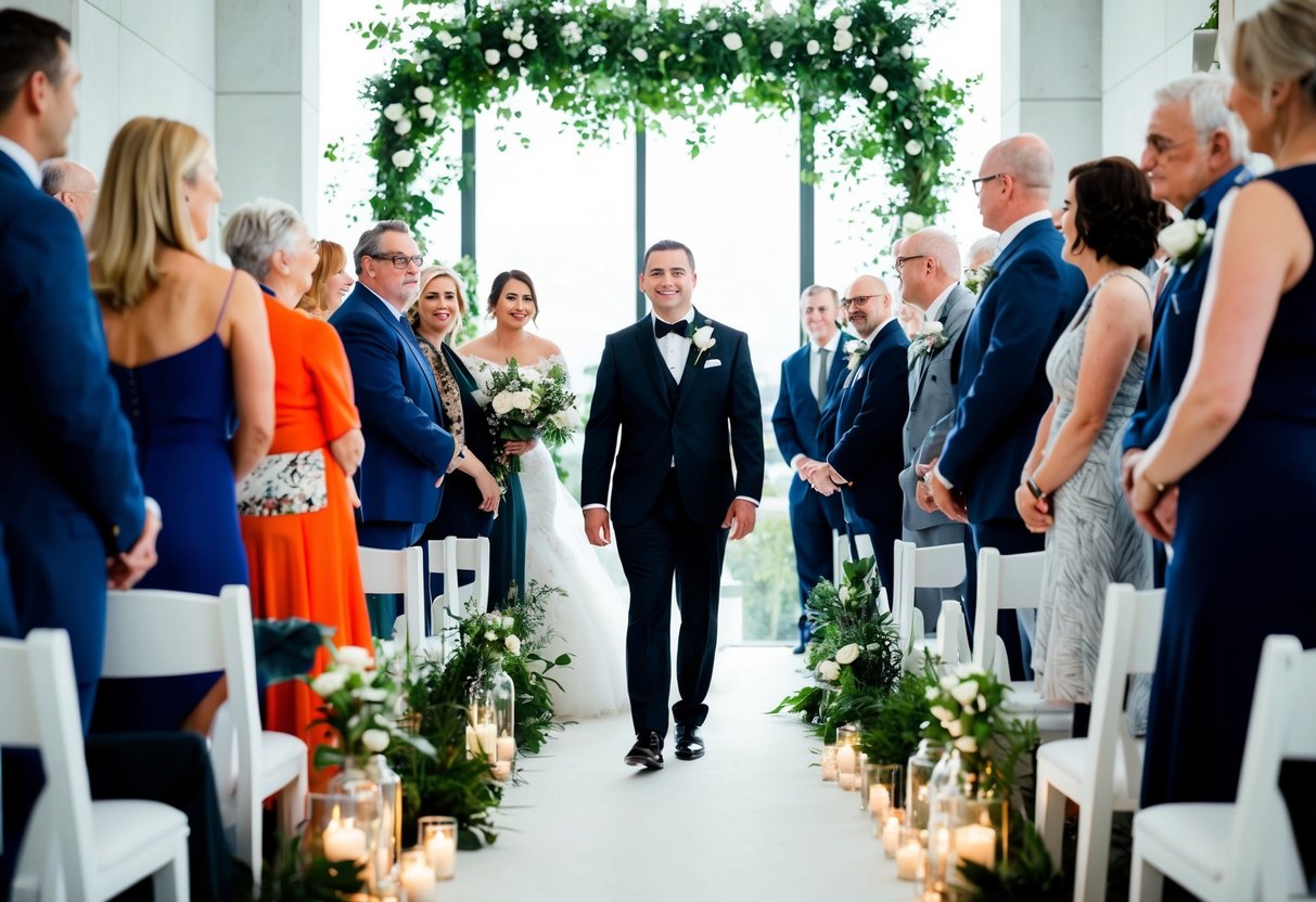 A groom stands at the end of the aisle, watching his bride walk towards him, surrounded by modern wedding decor and guests