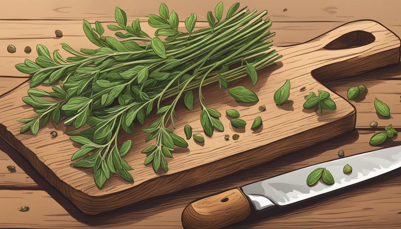 A sprig of thyme sits on a rustic wooden cutting board, surrounded by other fresh herbs and spices