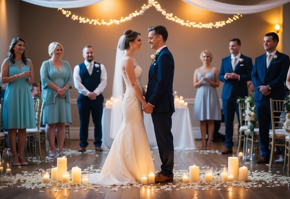 A newlywed couple stands facing each other, surrounded by soft candlelight and delicate flower petals. The air is filled with a mix of nervous excitement and tender anticipation