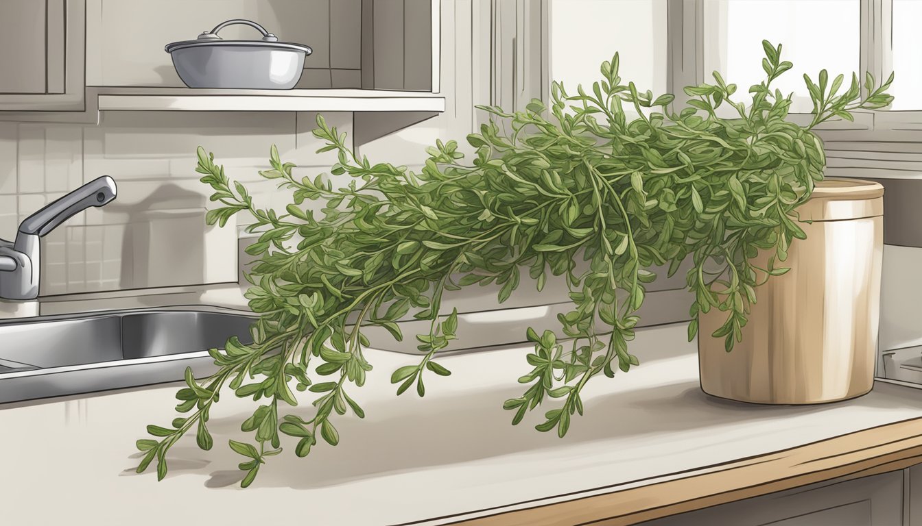 A sprig of thyme wilting on a kitchen shelf