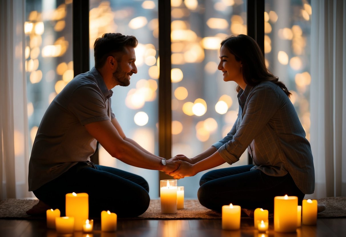 A couple sits facing each other, surrounded by candlelight. They hold hands and share tender, intimate conversation, building a strong emotional connection