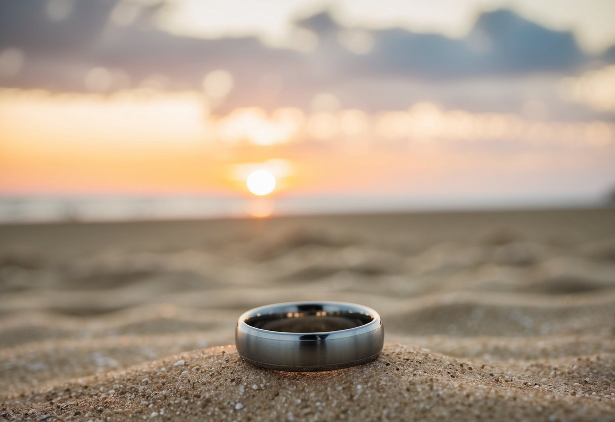 A lone wedding ring abandoned on a sandy beach at sunset