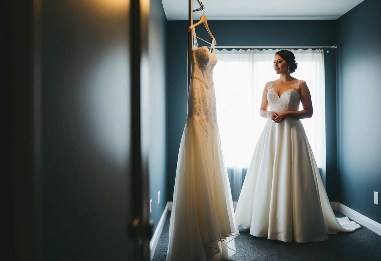 A bride standing alone in a dimly lit room, gazing at her wedding dress hanging on a rack, with a pensive expression on her face