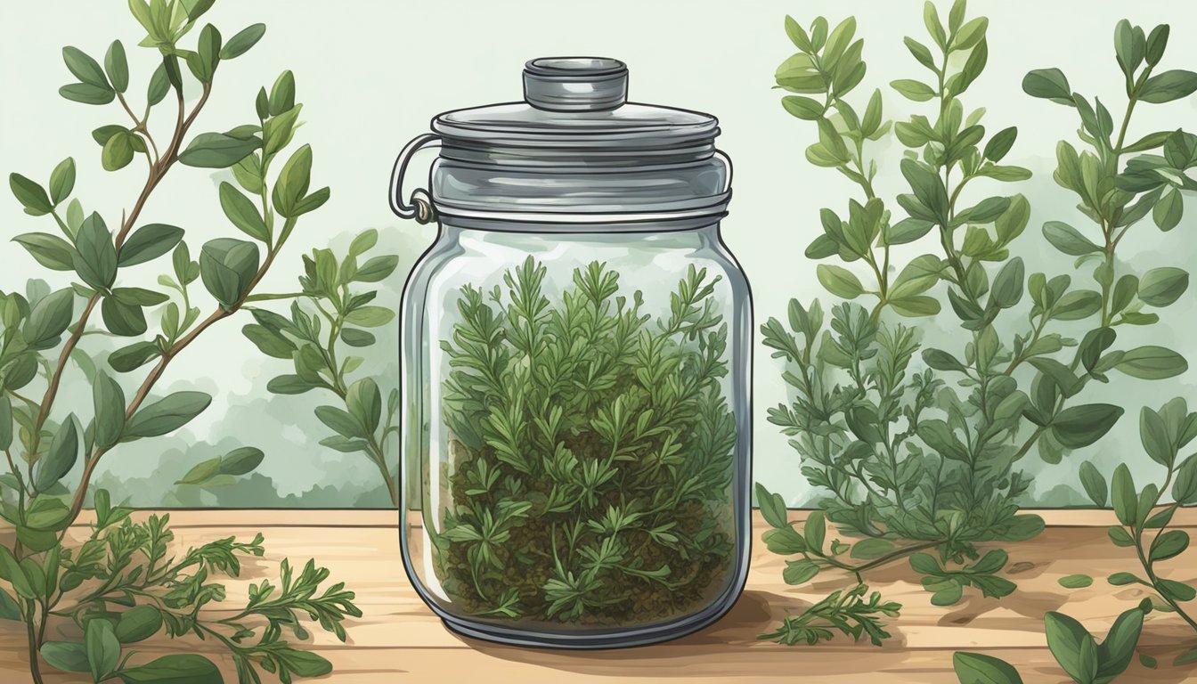 Fresh thyme surrounded by moldy, wilted leaves in a glass jar