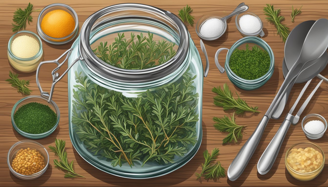 Fresh thyme sprigs in a glass jar on a wooden cutting board, surrounded by various culinary ingredients and utensils