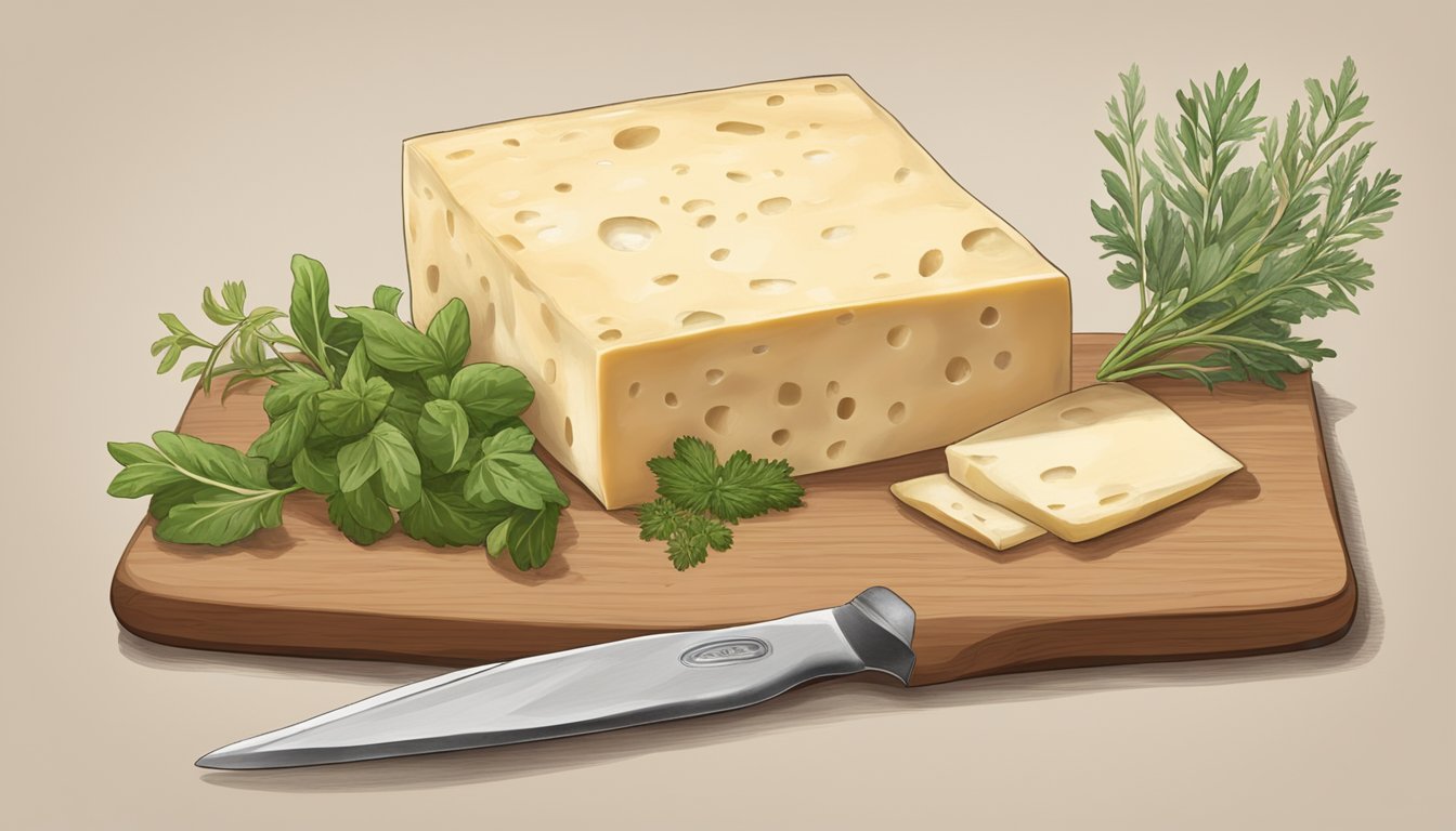 A block of Taleggio cheese sits on a wooden cutting board, surrounded by fresh herbs and a small knife. The cheese is wrapped in paper, with a label indicating its expiration date